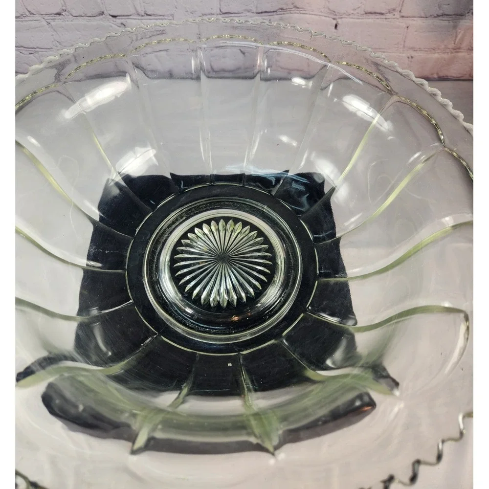 Vintage Large Glass Punch Bowl / Serving Bowl – Scalloped Edge, Starburst Base